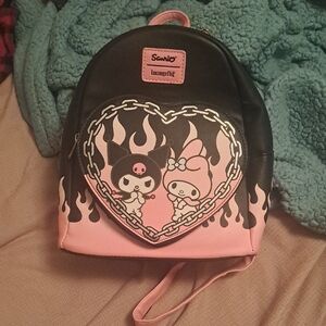 Loungefly Black and Pink Heart Flame Backpack